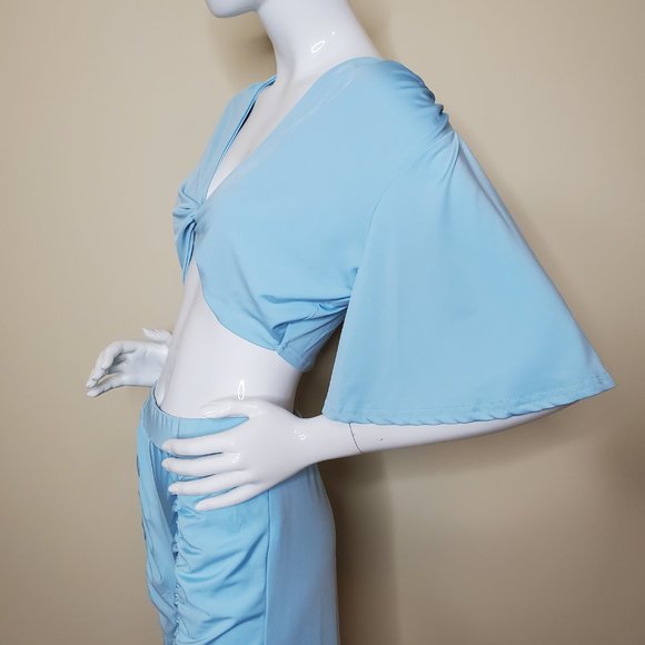 Pastel Baby Blue Two Piece Trendy V Neck Bat Wing Top w/ Skinny Fit Pant SZ L - Picture 9 of 10